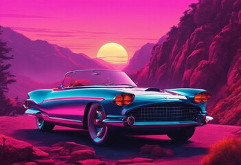 AI-generated illustration of a classic automobile with vintage appeal at sunset - obrazy, fototapety, plakaty