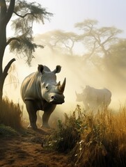 Obraz premium AI generated illustration of a stunning shot of two African Rhinoceros grazing in the wild.