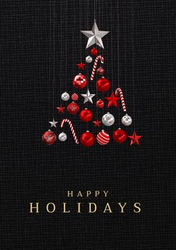 Composition of happy holidays text over christmas tree with decorations