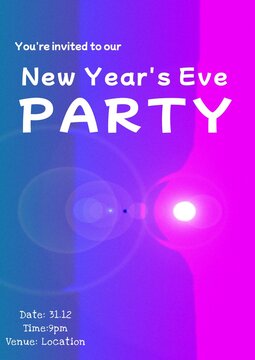 You are invited to our new year's eve party text in white over purple and blue bands and lights