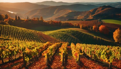 Fallen colored leaves in autumn: Hillside vineyard’s seasonal beauty