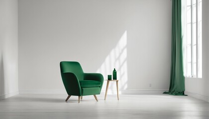 Naklejka na ściany i meble Green armchair in a Scandinavian living room with empty white wall