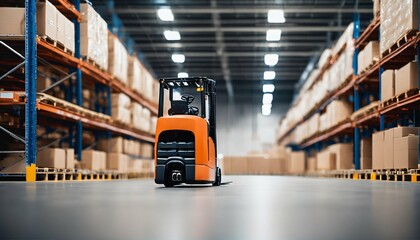 Naklejka premium Product distribution center with goods in cartons, pallets, and forklifts in a retail warehouse. Blurred background of logistics and transportation