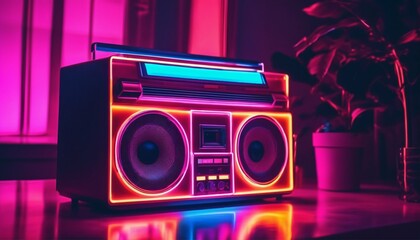 Chill living room with a retro vintage stereo boom box and neon vaporwave color mood