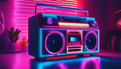 Retro vintage stereo boom box in a chill living room with neon vaporwave color mood