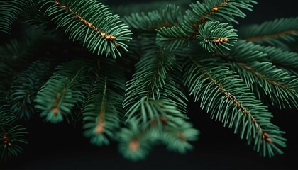 Fototapeta premium Green fir tree branch close up on a beautiful Christmas background with trendy moody dark tones