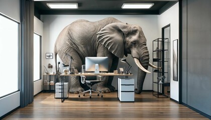Elephant in the room concept. Huge elephant in a small office room. - obrazy, fototapety, plakaty