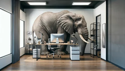 Fotobehang Elephant in the room concept. Huge elephant in a small office room. © ibreakstock