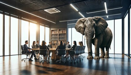 Business people addressing the elephant in the room during a meeting in the conference room, metaphor - obrazy, fototapety, plakaty