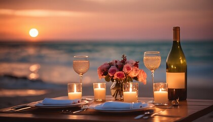 Sunset beach view for luxury dinner - Wine glasses, flowers, and pastel colors ambiance