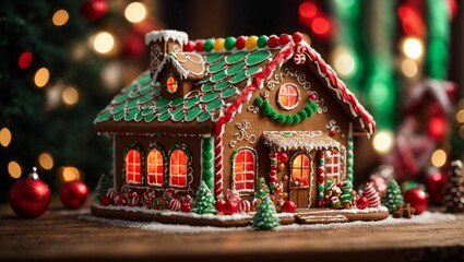 a gingerbread house with red and green decorations on it