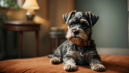 AI generated illustration of a small black and gray dog sitting on a couch, staring into the camera