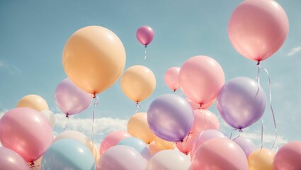 Of multi colored balloons against blue sky background with copy space