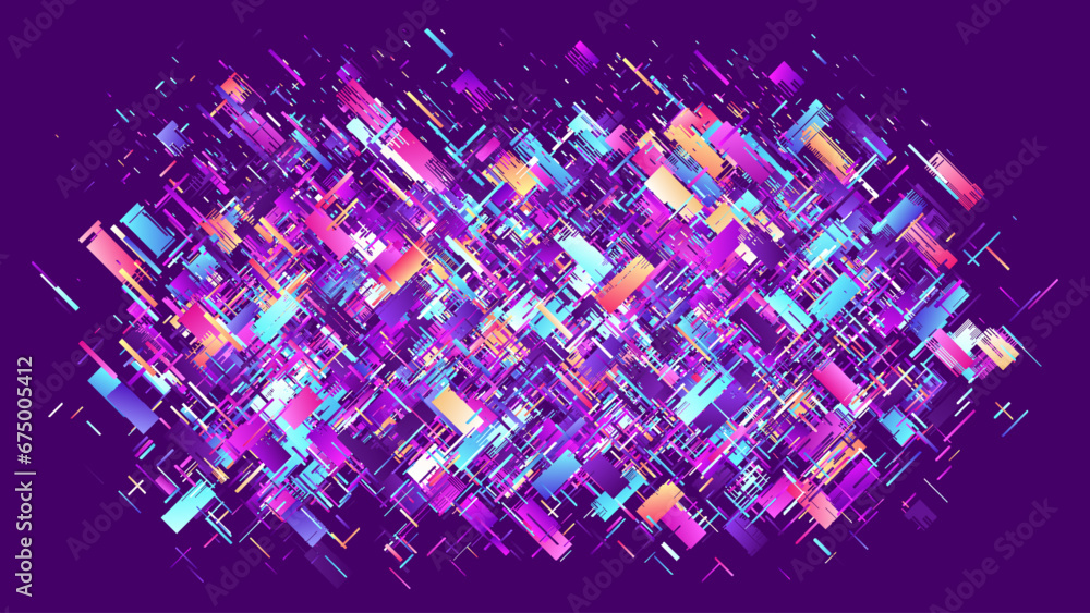 Poster colorful banner with complex and intricate rectangular diagonal chaotic layered shapes. abstract sil