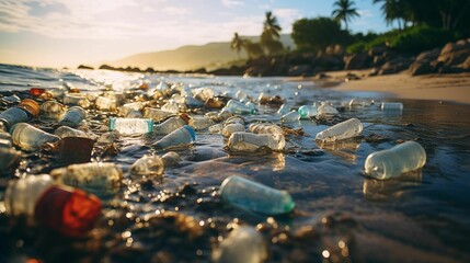 Empty bottles lying on the beach next to the ocean near the crystal blue waters of the ocean