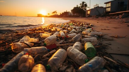 Large amount of trash at the beach with the ocean in sunset background - obrazy, fototapety, plakaty