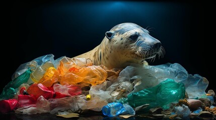 Seal with plastic rubbish in his hand and on the ground