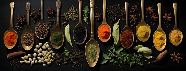 spices are arranged up in wooden spoons on a black surface - obrazy, fototapety, plakaty