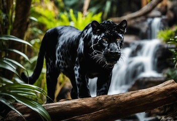 Naklejka na ściany i meble AI generated illustration of a black panther perched atop a fallen tree in a lush and verdant jungle