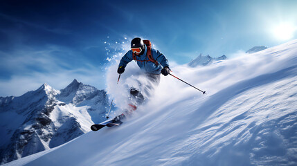 Naklejka na ściany i meble skier on the top of snowy mountain action shot snow sports
