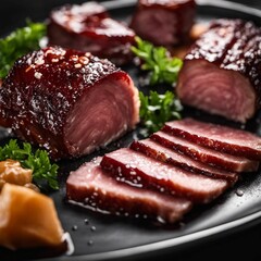 AI generated illustration of An appetizing plate of food featuring succulent slices of beef.