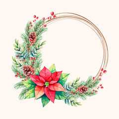 Elegant Christmas wreath composed of vibrant red watercolor flowers and lush pine branches