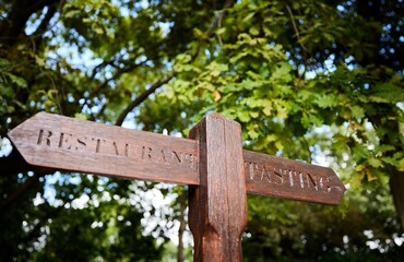 Signpost with directions next to a lush greenery in Paarl, South Africa