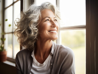 Smiling middle aged woman backwards sitting on a chair looking through window blurred background