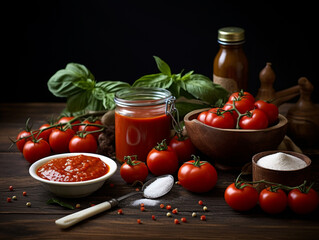 Tomato sauce ingredients over a wood table with accessories, dark background