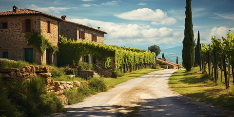 Tuscany road vineyard and antique house