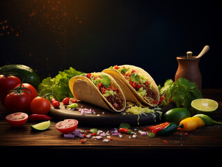 Taco food ingredients over a wood table waith accessories, dark background, realistic photo