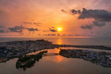 Aerial view of a stunning sunset over Monrovia, Liberia.