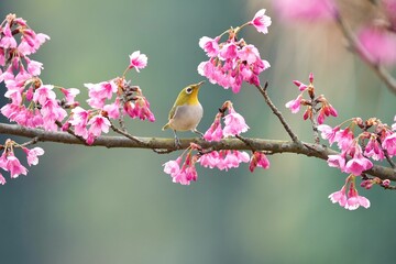 Adorable small bird perched on a branch of a tree adorned with beautiful pink flowers.