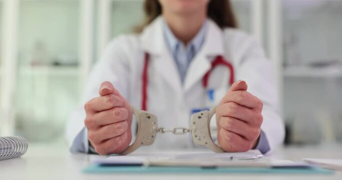 Hand of doctor, cardiologist or plastic surgeon anesthesiologist in handcuffs closeup