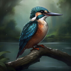 Obraz premium AI generated illustration of a bird perched on a branch overlooking a tranquil body of water