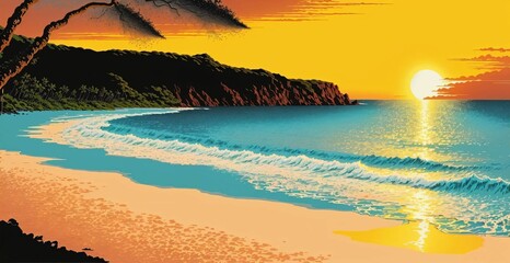 AI generated illustration of Lilula beach in Oahu, Hawaii at sunset