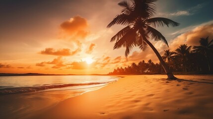 AI generated illustration of a stunning tropical beach scene featuring a palm tree in the sunset