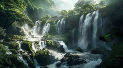 AI generated waterfall cascading over a large boulder surrounded by lush green trees - obrazy, fototapety, plakaty