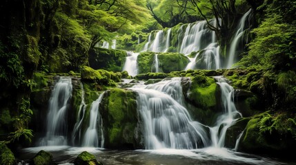 Obraz premium AI generated waterfall cascading over a large boulder surrounded by lush green trees