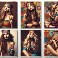 A set of Retro Collage Portrait Close-up Posters of a Beautiful Young Hippie Free Woman in 70s Style Retro Portrait. Pop Art Style of Loved, Love, Groovy, Flower Power Yoga Dancing Headband Sunglasses