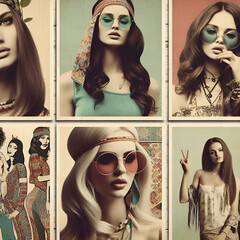 A set of Retro Collage Portrait Close-up Posters of a Beautiful Young Hippie Free Woman in 70s...