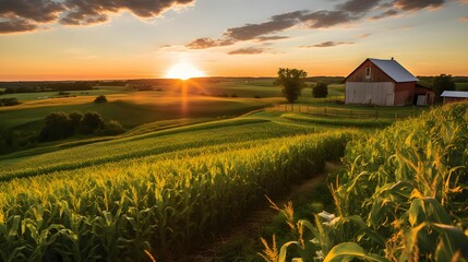 An AI generated natural farm at sunset