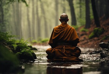 An Asian monk wearing traditional orange robes on the ground by a tranquil stream
