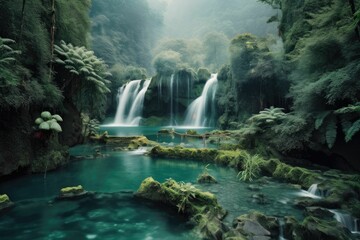 Fototapeta na wymiar AI generated illustration of a tall stream and waterfall cascading through lush green tropical hills
