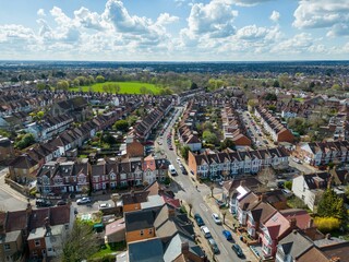 Scenic view of a small town, featuring a landscape of houses, buildings and trees: London