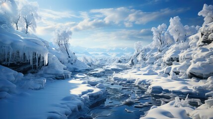 AI generated illustration of a scenic winter landscape featuring a snow-covered river