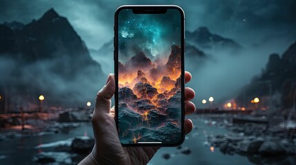 Person taking a scenic photo of the mountains on fire on her smartphone, AI-generated.