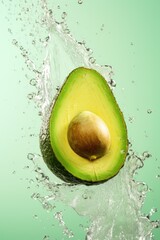 Avocado with water drops flying in the air