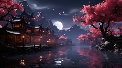 AI generated illustration of a tranquil nighttime scene of a river against an asian landscape