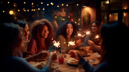 friends inclusion of different ethnicities with sparklers at the New Year's Eve night celebration wishing